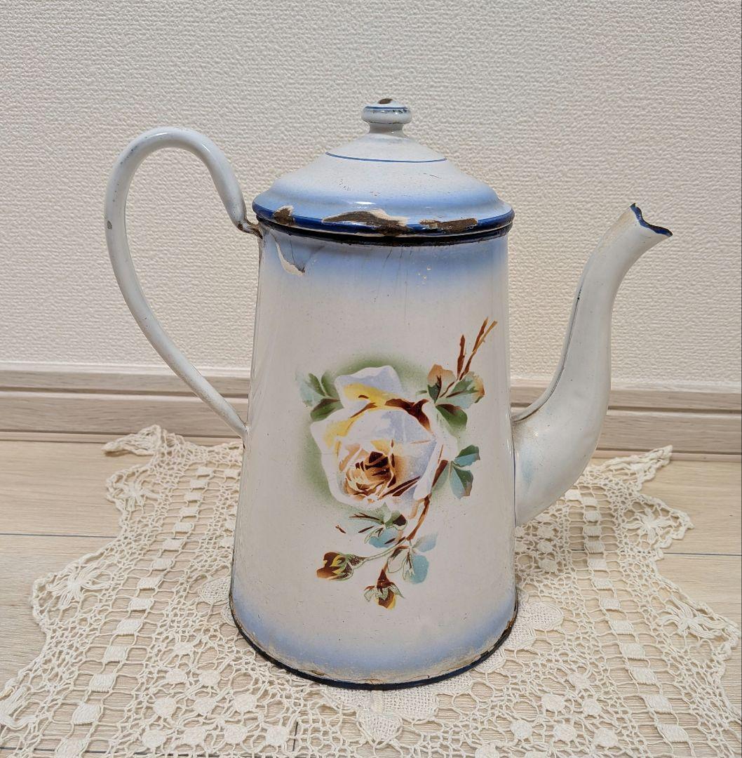 フランス アンティーク JAPY ホーロー ポット 薔薇 シャビー ブロカント