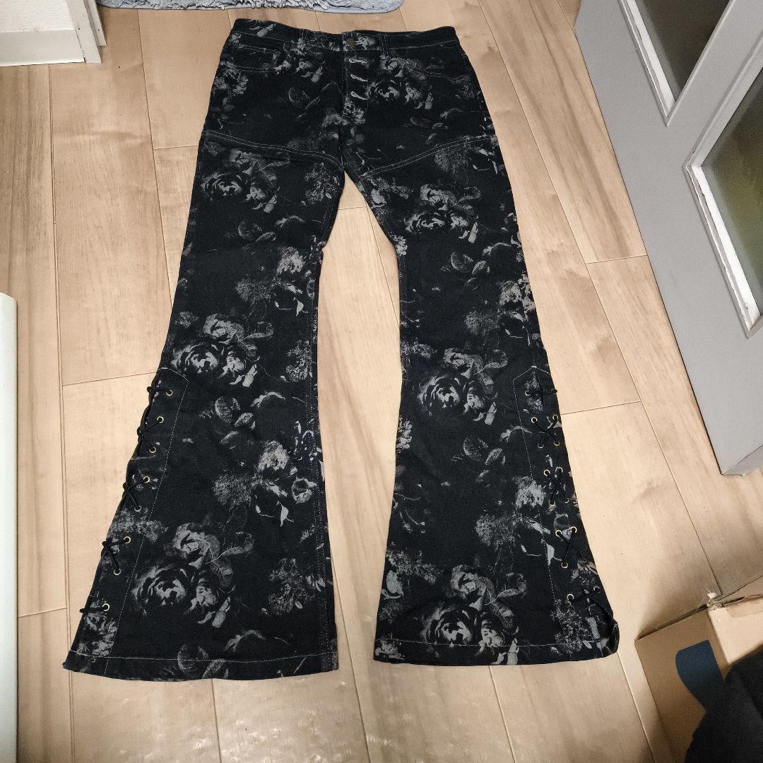TORNADO MART ローズプリント フレアパンツ レースアップ Y2K