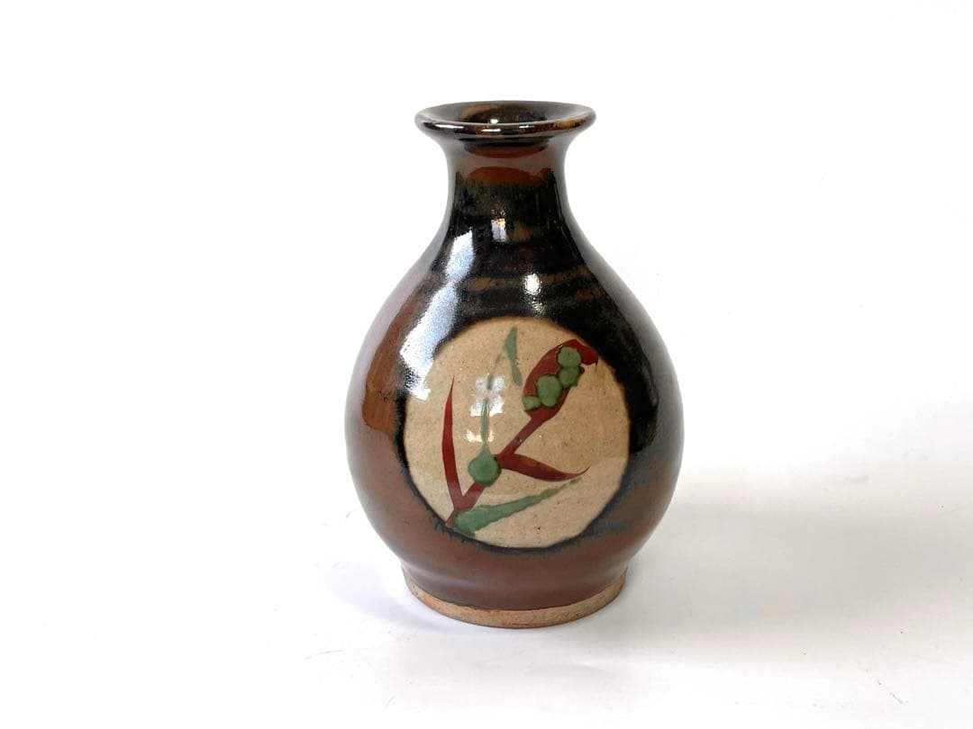 人間国宝　陶芸家　濱田庄司　浜田庄司　柿釉　トウキビ文　赤絵　徳利　共箱　民芸