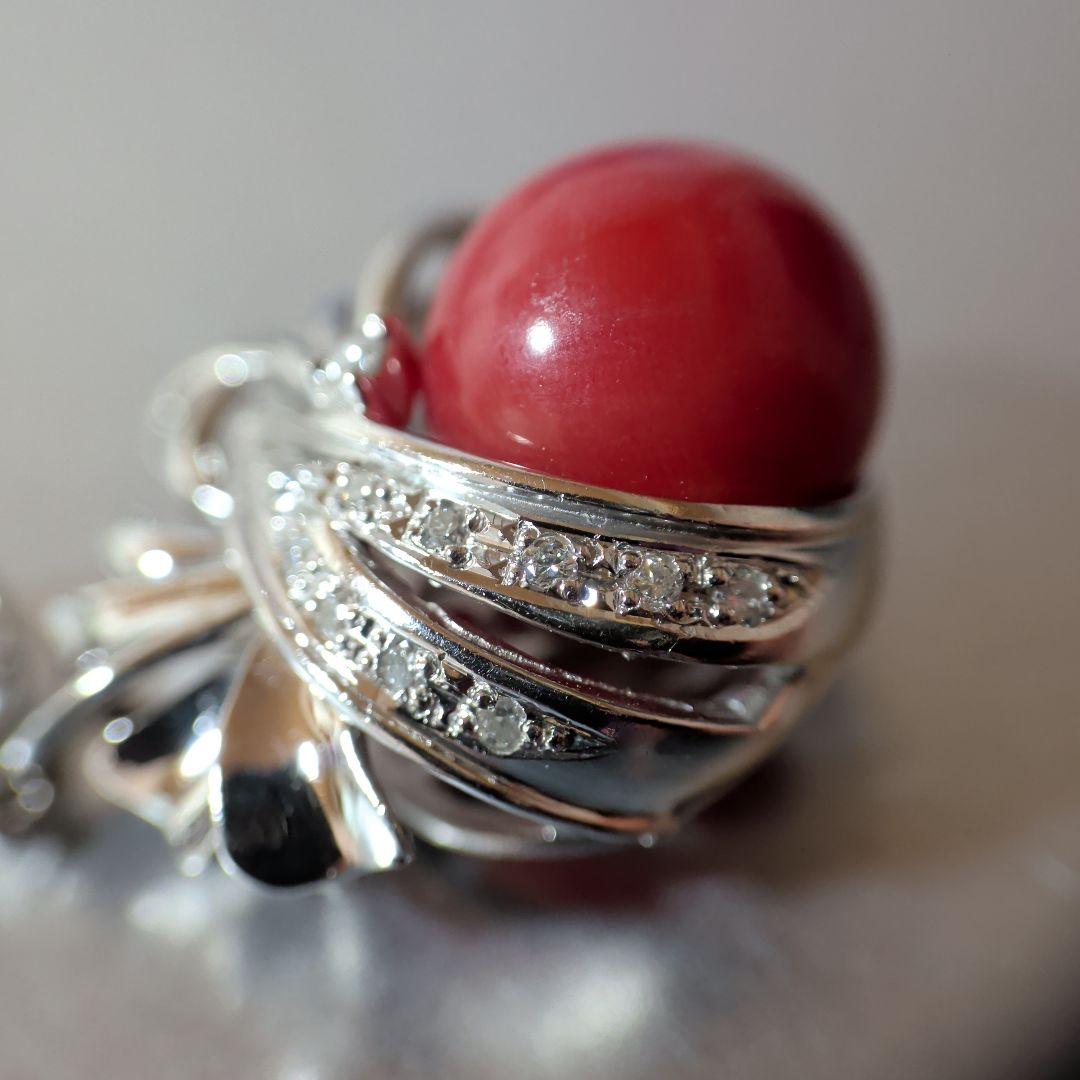 ペンダントトップ　Pt900　K14WG　珊瑚　ダイヤ計0.12　13.23g