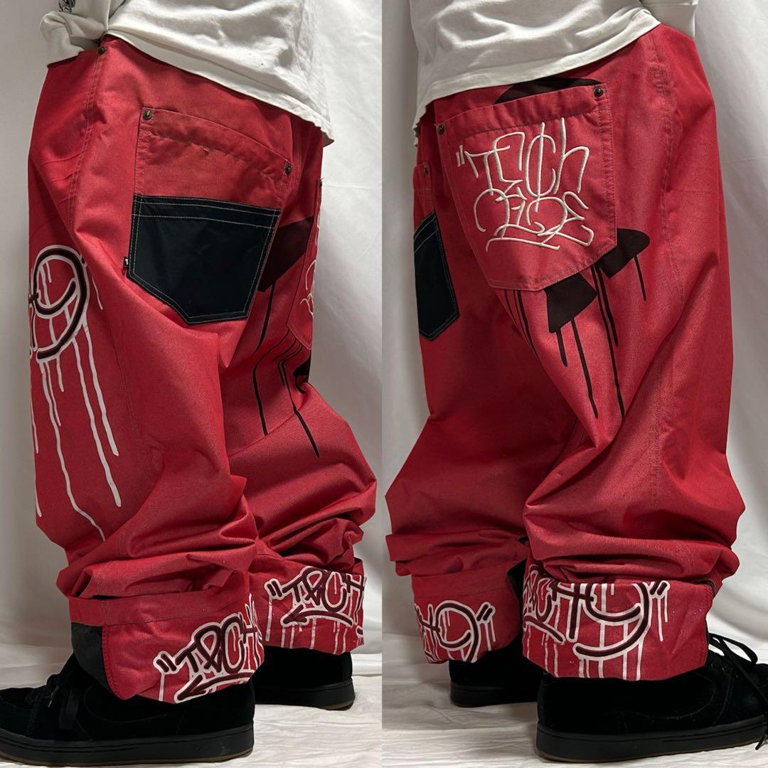 90s TECHNINE ナイロン シャイニーデニム バギー 刺繍 極太 光沢