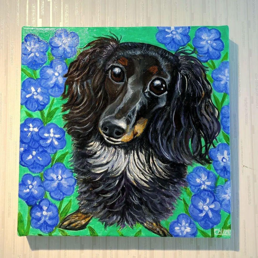 キャンバス油絵　phorn 　美しいラズちゃんと青い花　メモリアル