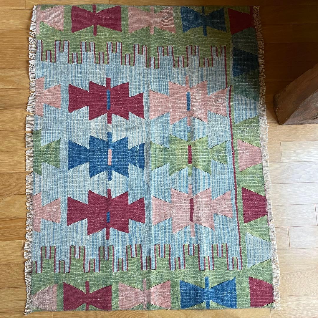 109×85㎝◇トルコヴィンテージキリムラグ◇ブルーベース　カラフル1188