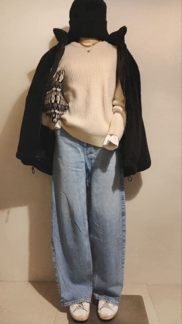 C6813 ソフトフリースブルゾン×ニットコーデ