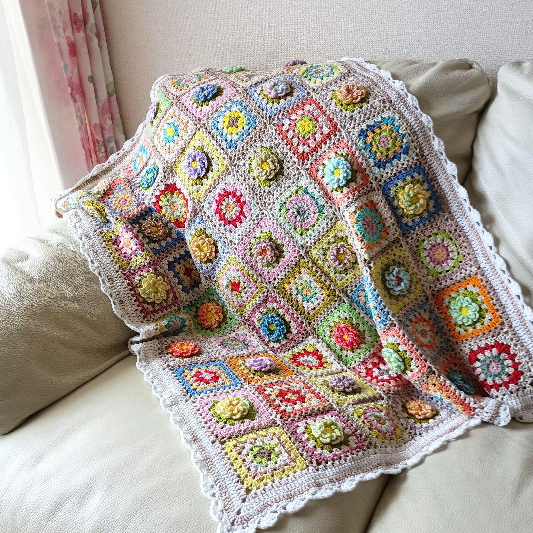 手編みブランケット★お花モチーフ★グラニースクエア★コットン★カラフル★かぎ針編