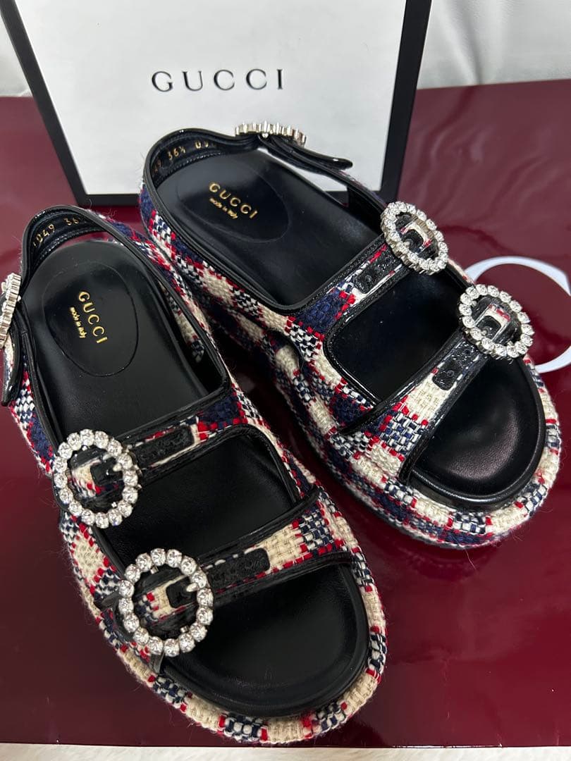 美品GUCCI ビジュー付きチェック柄サンダルサイズ36ハーフ