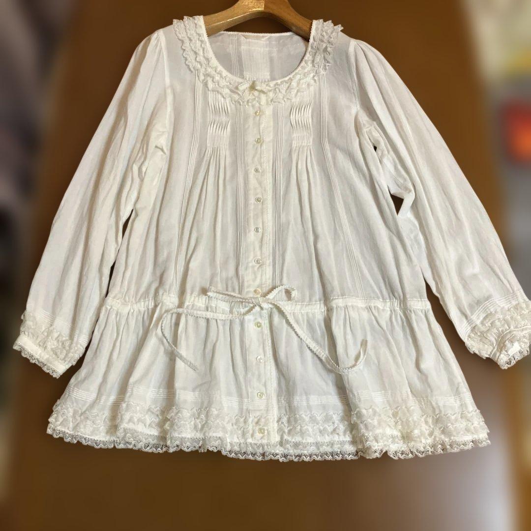 ピンクハウス　チュニック　ブラウス　ホワイト　ピンタック　レースフリル　長袖