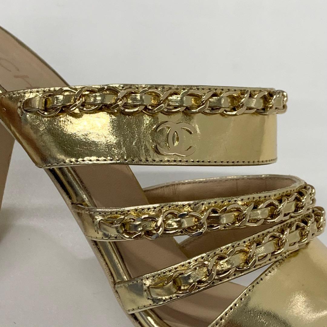 シャネル ココマーク レザー チェーン サンダル ゴールド