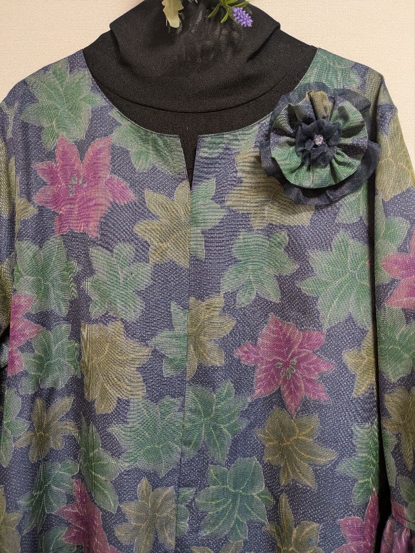 ♥お取り置き中♥着物リメイクワンピース★大島紬★Aライン★ブローチ付★ML〜LL