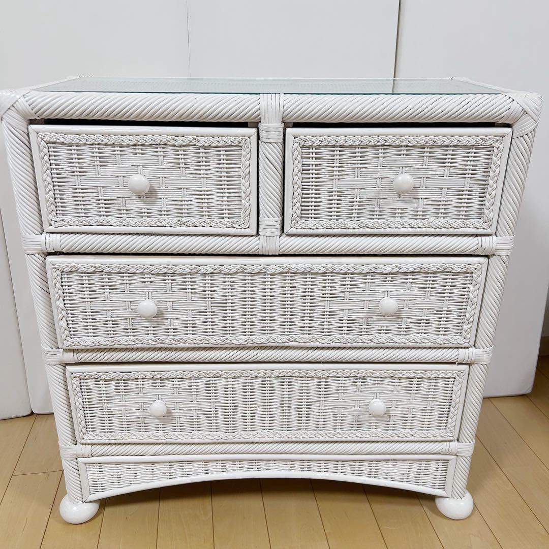 フレンチカントリーラタン　籐　3段チェスト　ホワイトラタン　丸脚　白家具　姫家具