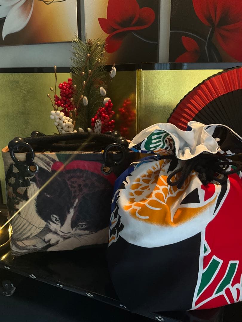 一閑張り　一閑張りバッグ　古文書　和紙　大正　着物　竹籠　小林清親　猫と提灯