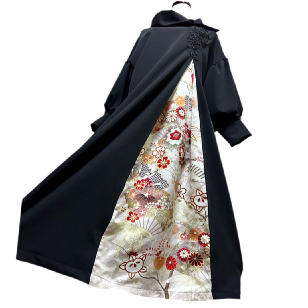 振袖　着物リメイク　ドレス　黒×松竹梅　和柄　ワンピース　ハンドメイド