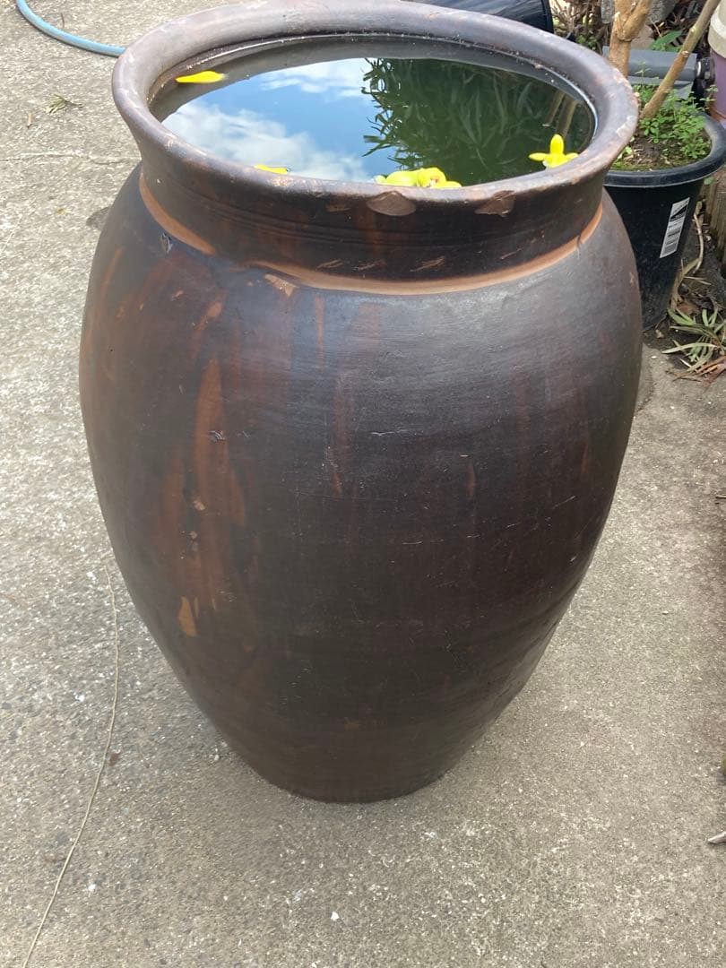 【古民具】大型 渋い黒釉 、ダークブラウン陶器の甕。 アンティークメダカ鉢。