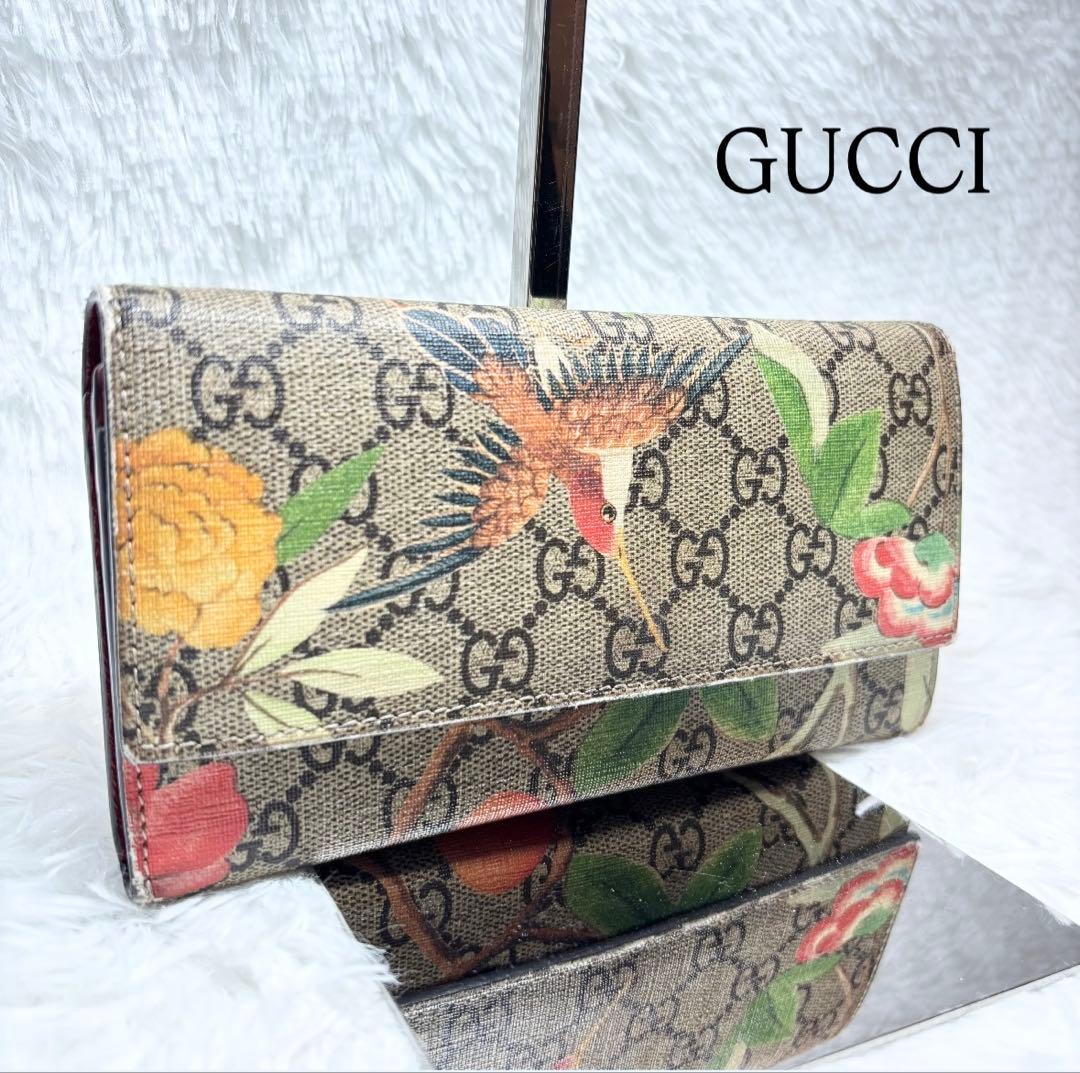 ✨美品✨ グッチ 長財布 ティアン 花 鳥 GGスプリーム 折り財布 レザー