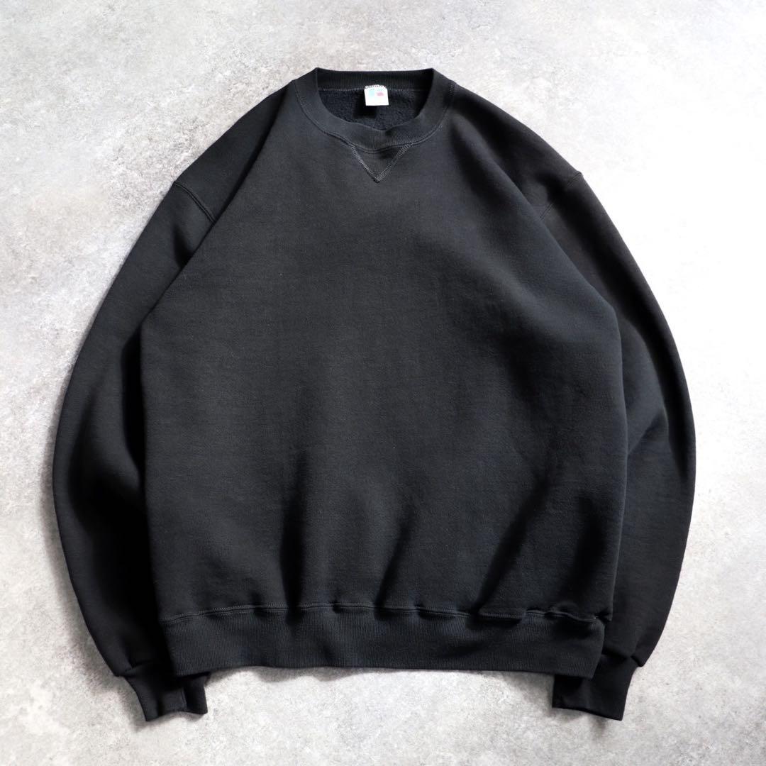 80s USA製 ブラック Russell ラッセル スウェット 前V 無地 L