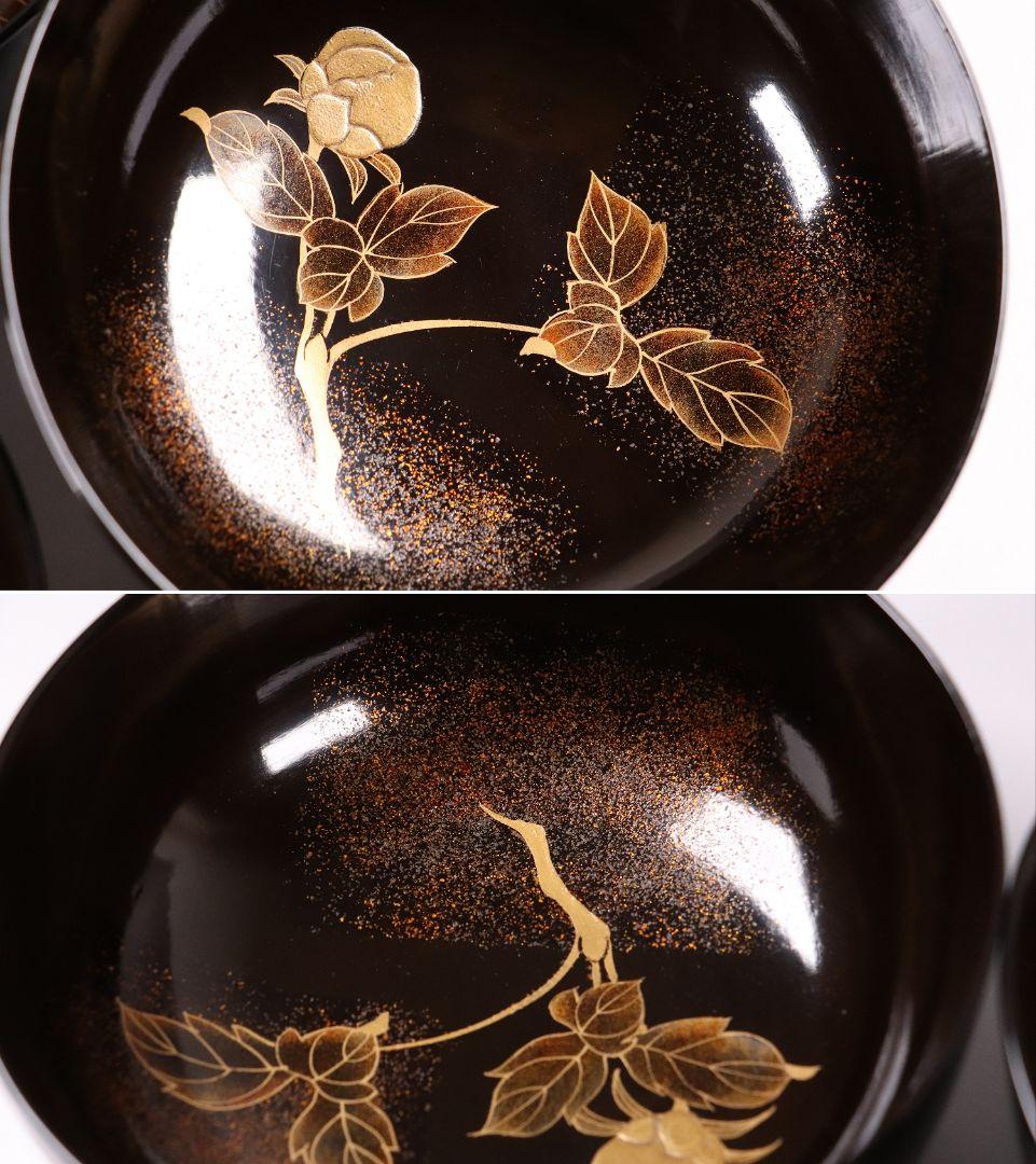 MA246 時代漆器 輪島塗 牡丹雀金蒔絵 梨地 黒塗椀 五客 木製 花鳥
