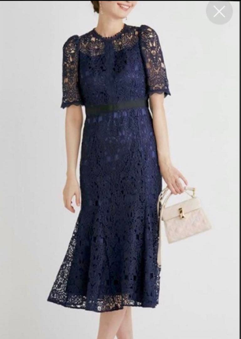セルフォード　サイズ36 ネイビー レース 半袖 ひざ丈ワンピース
