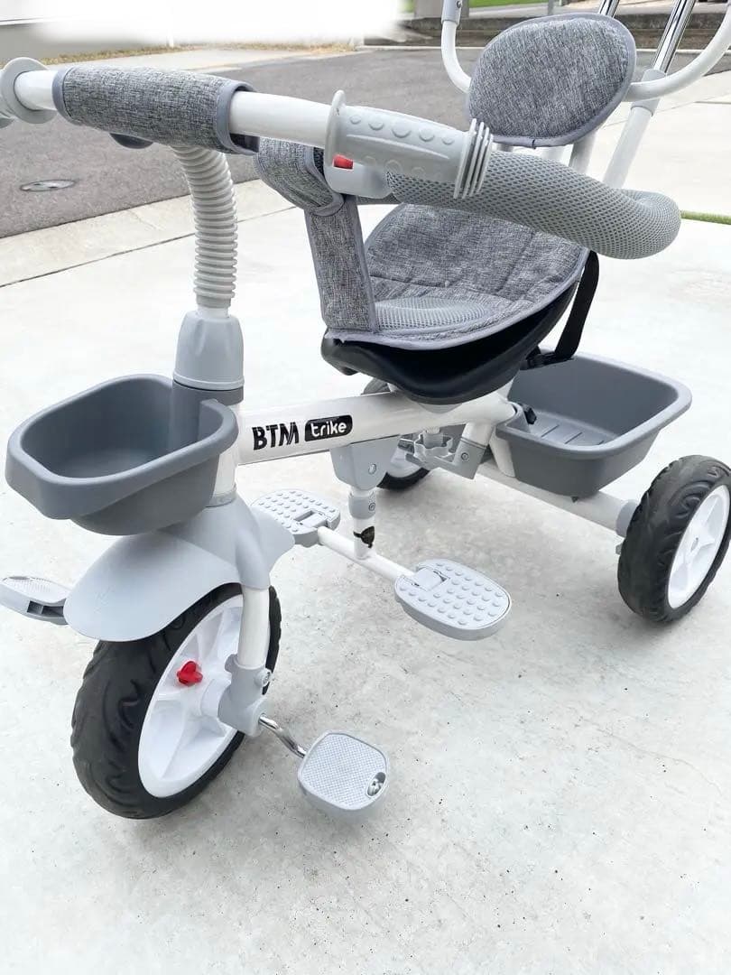 BTM 三輪車 手押し 舵取り棒 ベビーカー 自転車本体 グレー 屋根付き