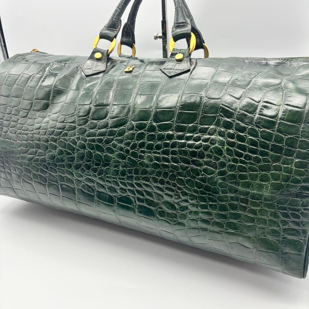 【超希少】バリー ボストンバッグ クロコ型押し ゴールド金具 グリーン レザー