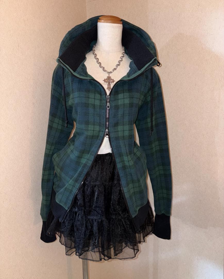 平成ギャル y2k 緑チェック ハイネック Wジップ フェアリーグランジ ロック