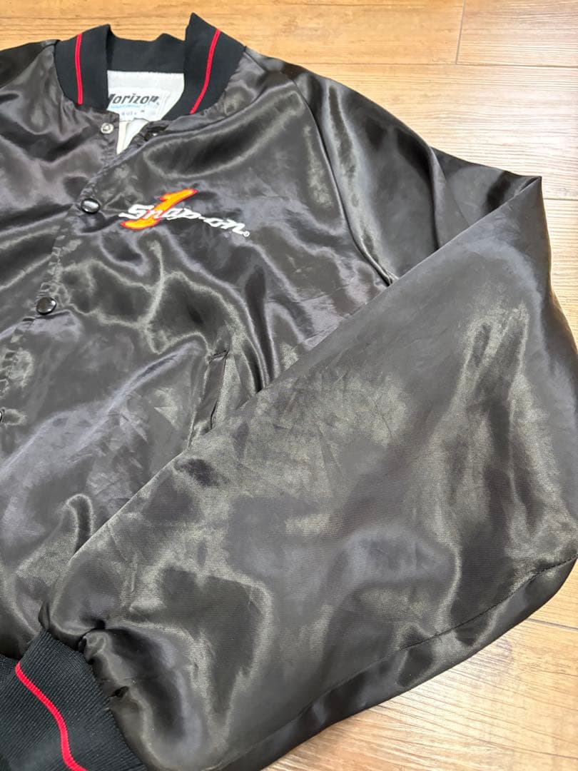 USA製 Snap-on 刺繍 サテンジャケット ラグラン ブラック M