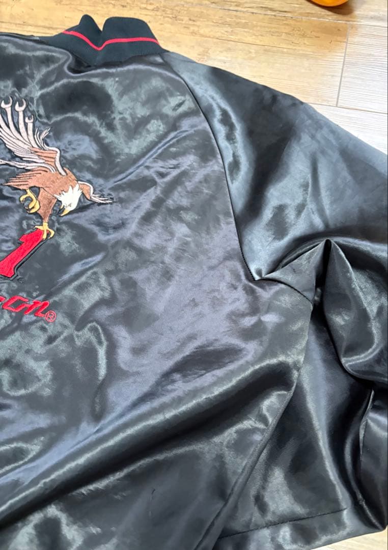 USA製 Snap-on 刺繍 サテンジャケット ラグラン ブラック M
