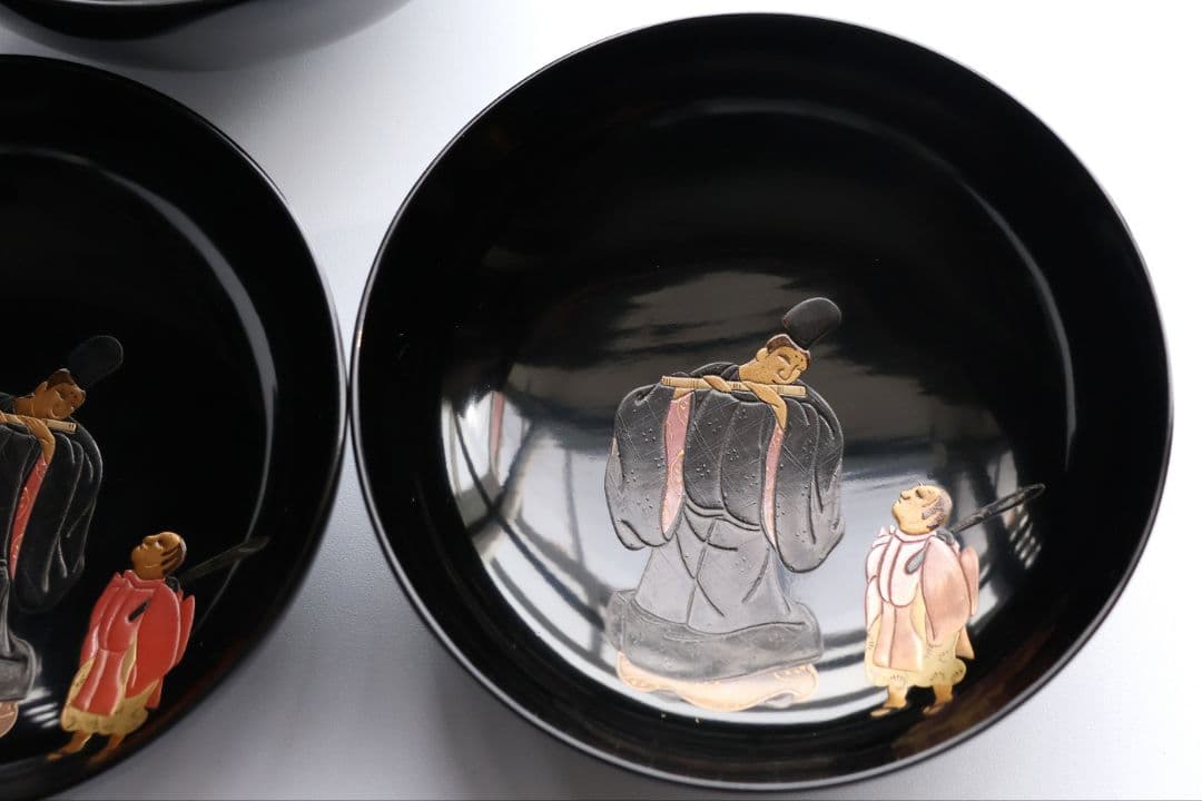 【MB195】輪島塗 天然木漆塗 黒塗椀 二客 蒔絵 大和絵 源氏絵 人物 昭和