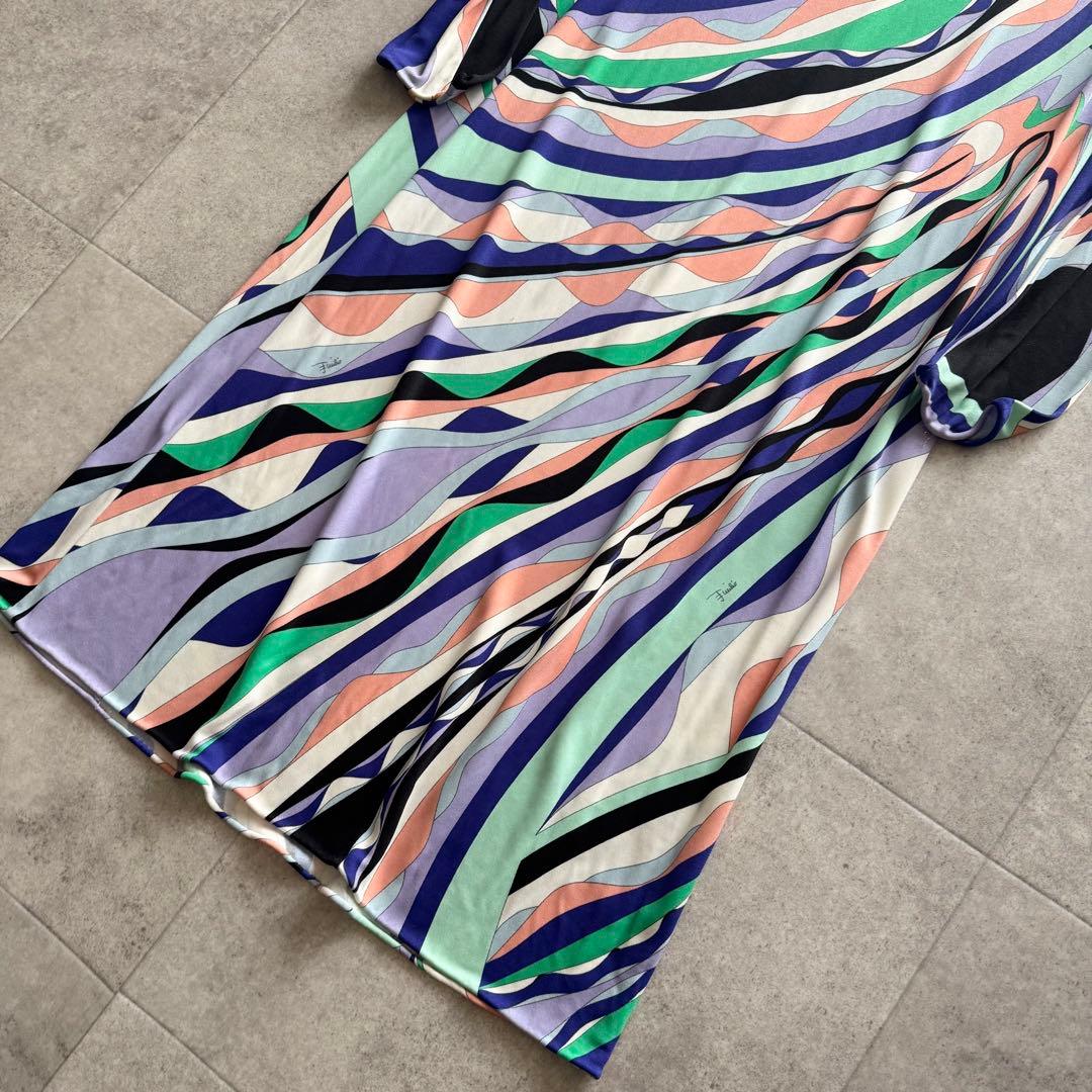 現行　エミリオプッチ　ワンピース　ベルト　収納袋　総柄　青色　タグ付き　40