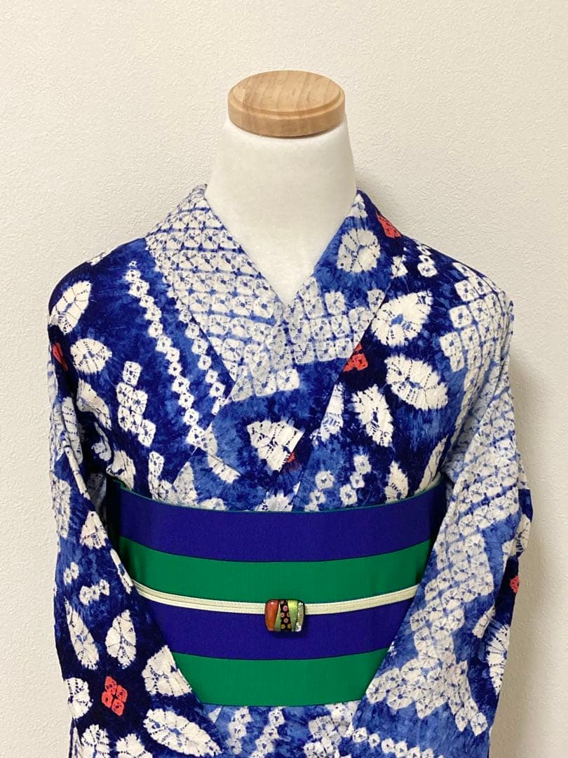 浴衣　有松鳴海絞り　縞と鉄線　裄68.5cm