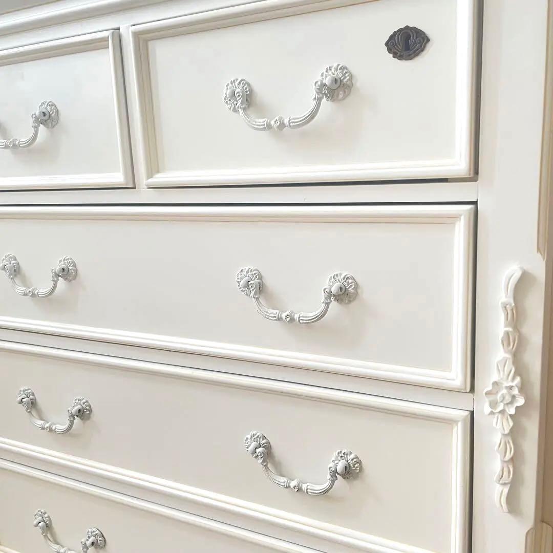 鍵付き アンティーク チェスト ハンプトンIIシリーズ 5D 白家具 姫 ロココ