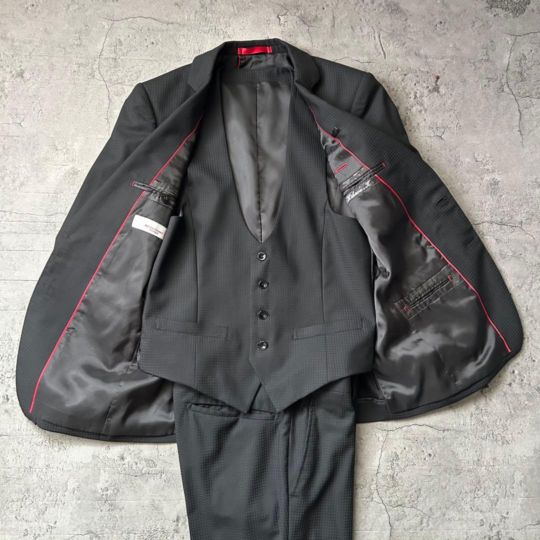 未使用級 リスペクトネロ 最高級ライン シャドウチェック 3ピース スーツ 濃紺