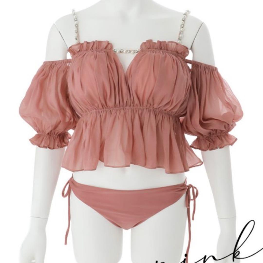 ピンク オフショルダー フリル水着