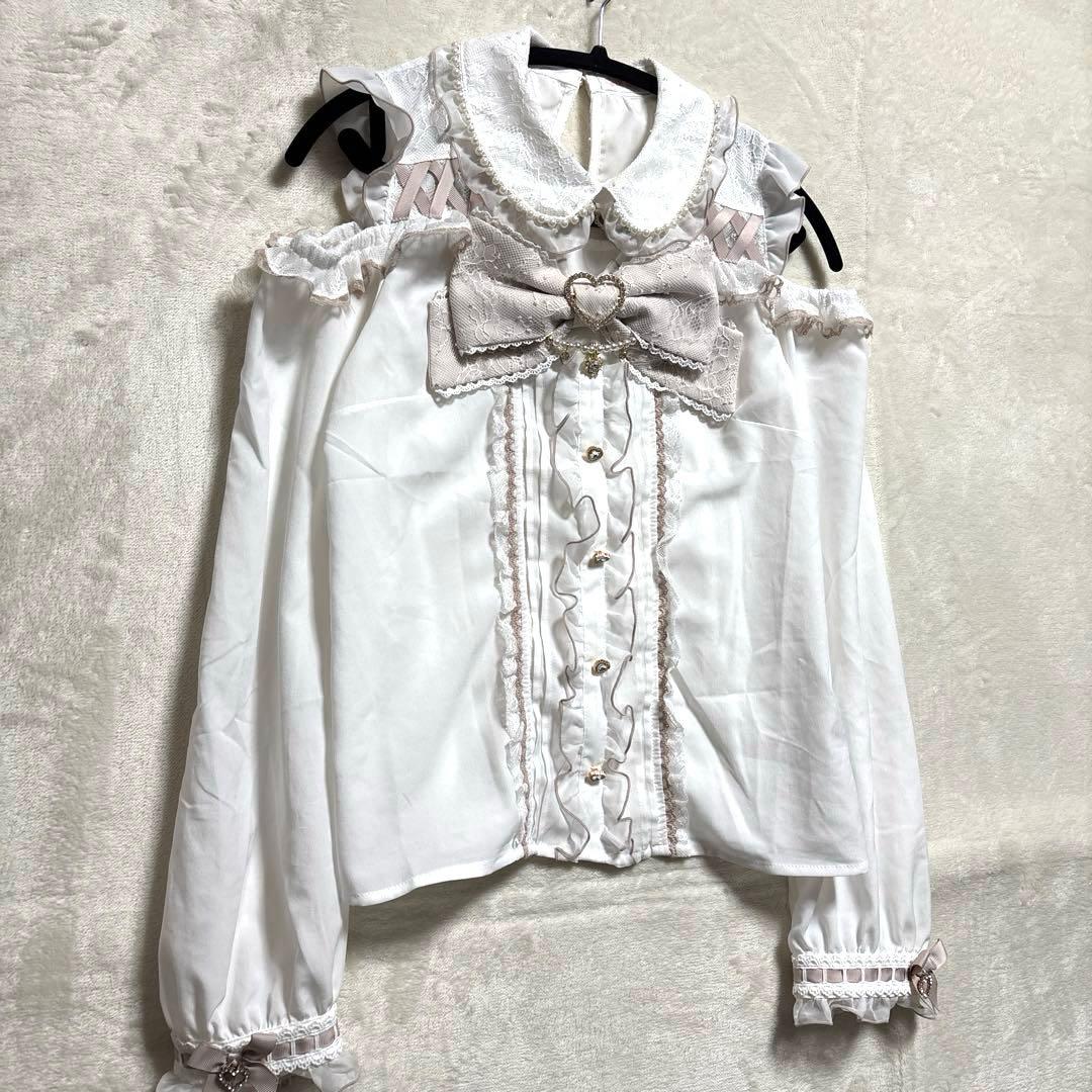 LIZLISA BIGリボンオープンショルダーブラウス Freeホワイト×ピンク