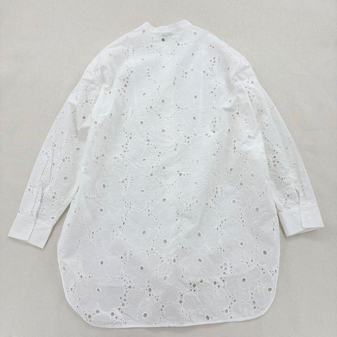 マリメッコ シャツワンピース バンドカラー ウニッコ レース ブロード刺繍 比翼