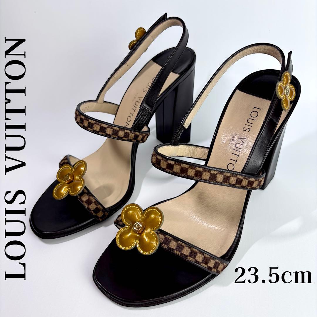 ルイヴィトン ダミエ ソバージュ ミュール ハラコ フラワー チャンキーヒール