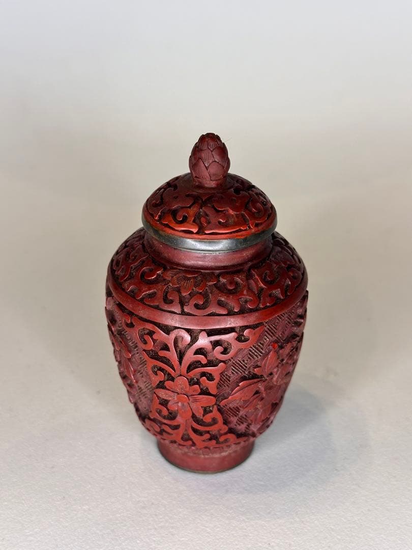 民国時代 剔紅 堆朱 壺 茶入 蓋付 彫漆文 時代物 中国古美術