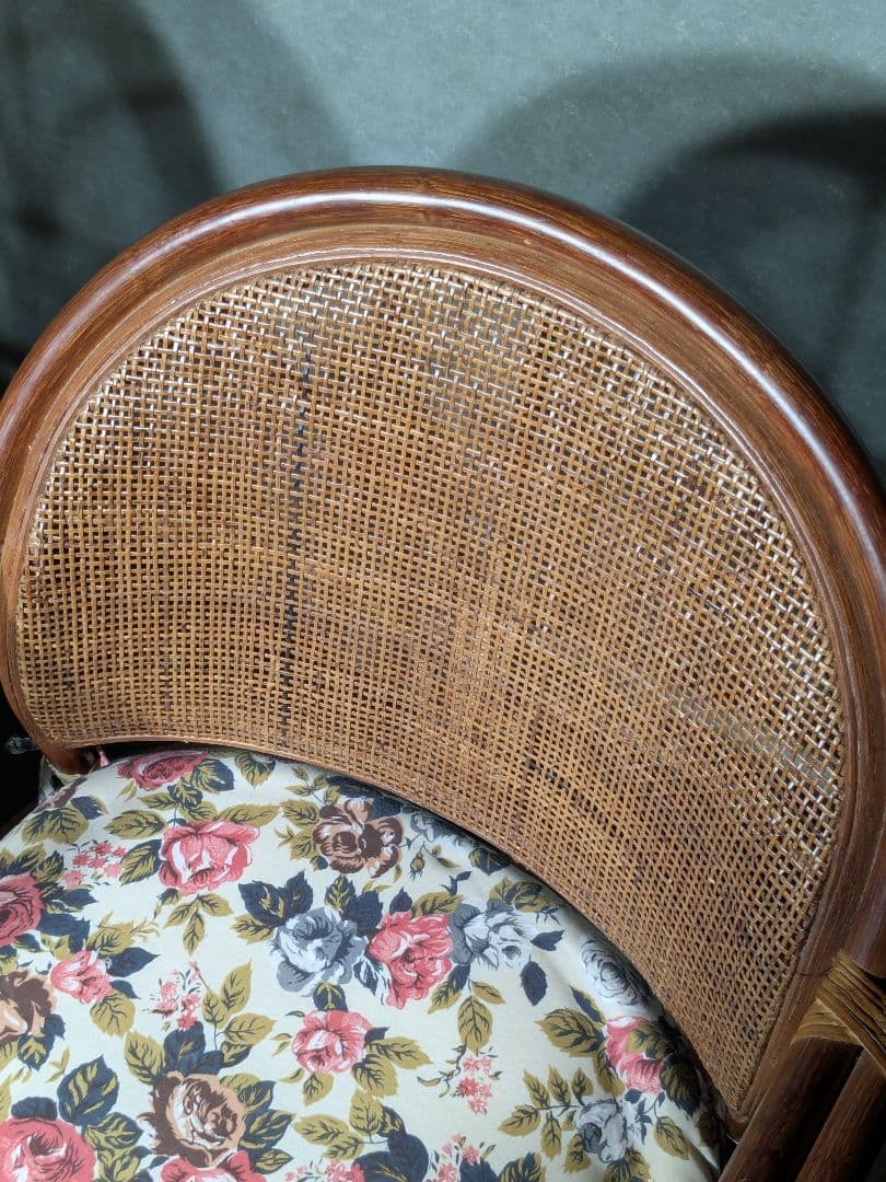 (S) 昭和レトロ　ラタン　チェア　座椅子　藤回転椅子　薔薇柄