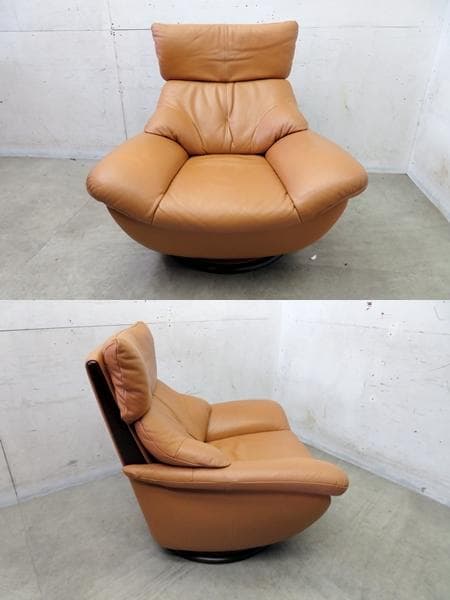 美品■カリモク■牛本革■オーク材■1人掛けソファ■ZT71■モダン■回転式■