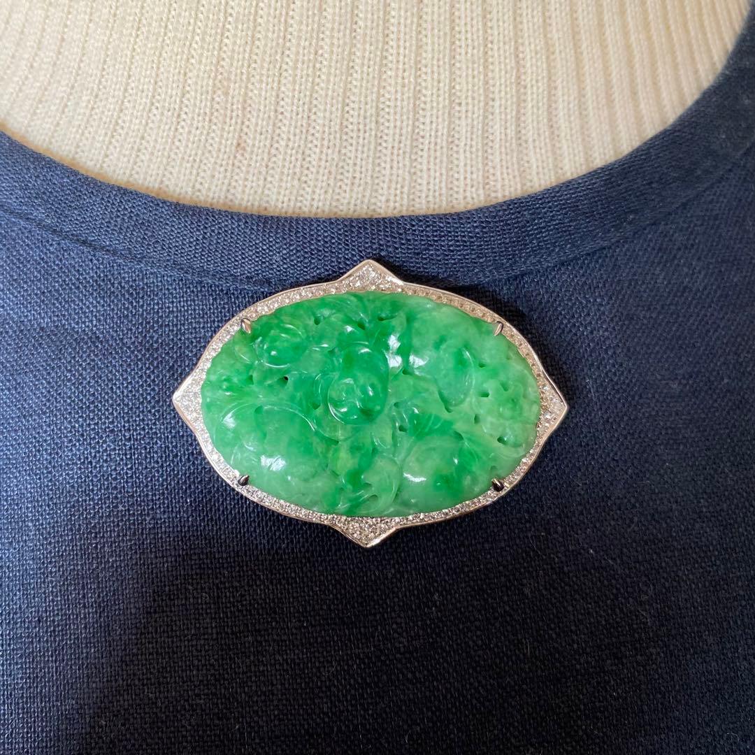 特注品　pt950翡翠ダイヤブローチ　アンティーク帯留からのリメイク　美しい