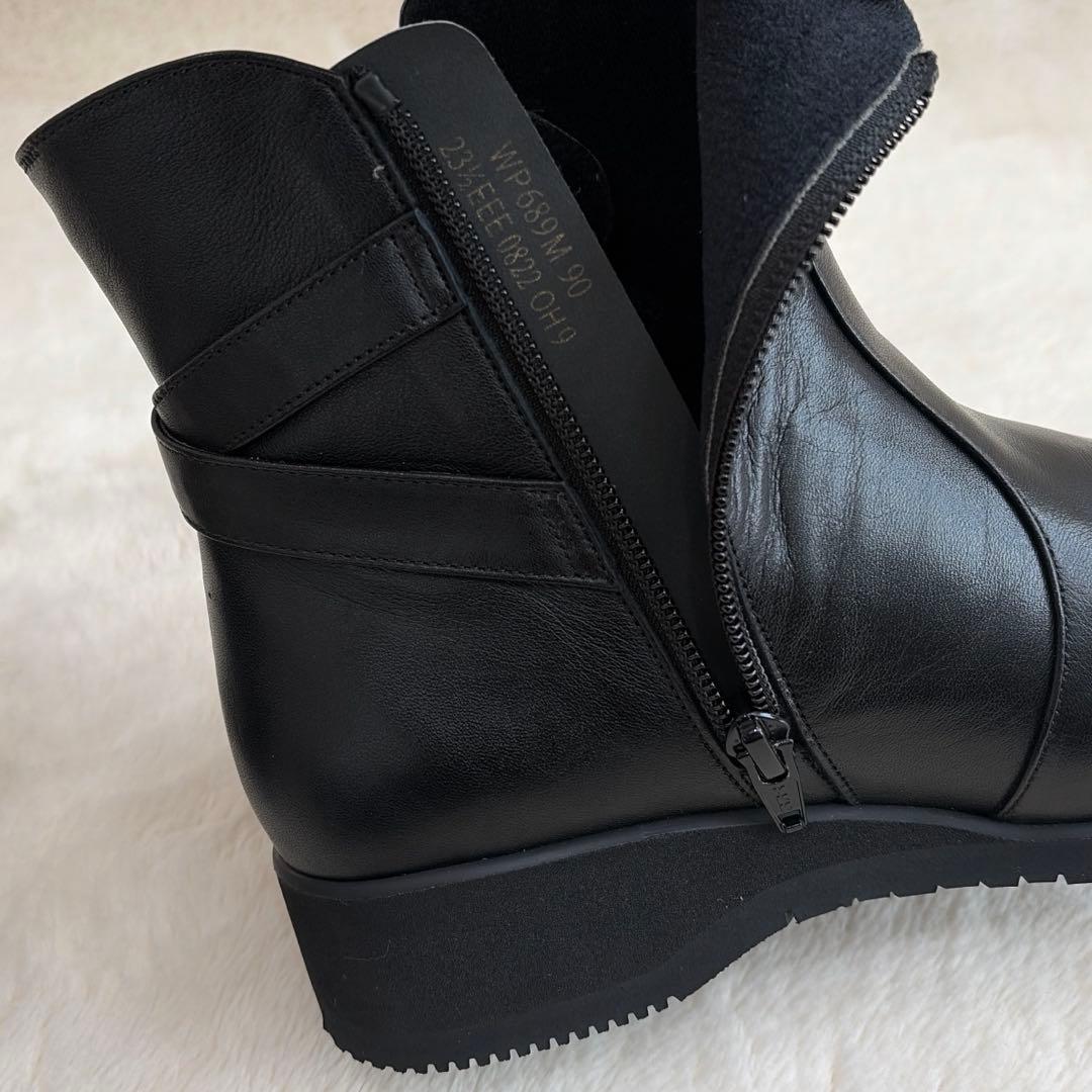 【ペダラ】23.5 アシックス ショートブーツ クロスベルト 黒 サイドジップ