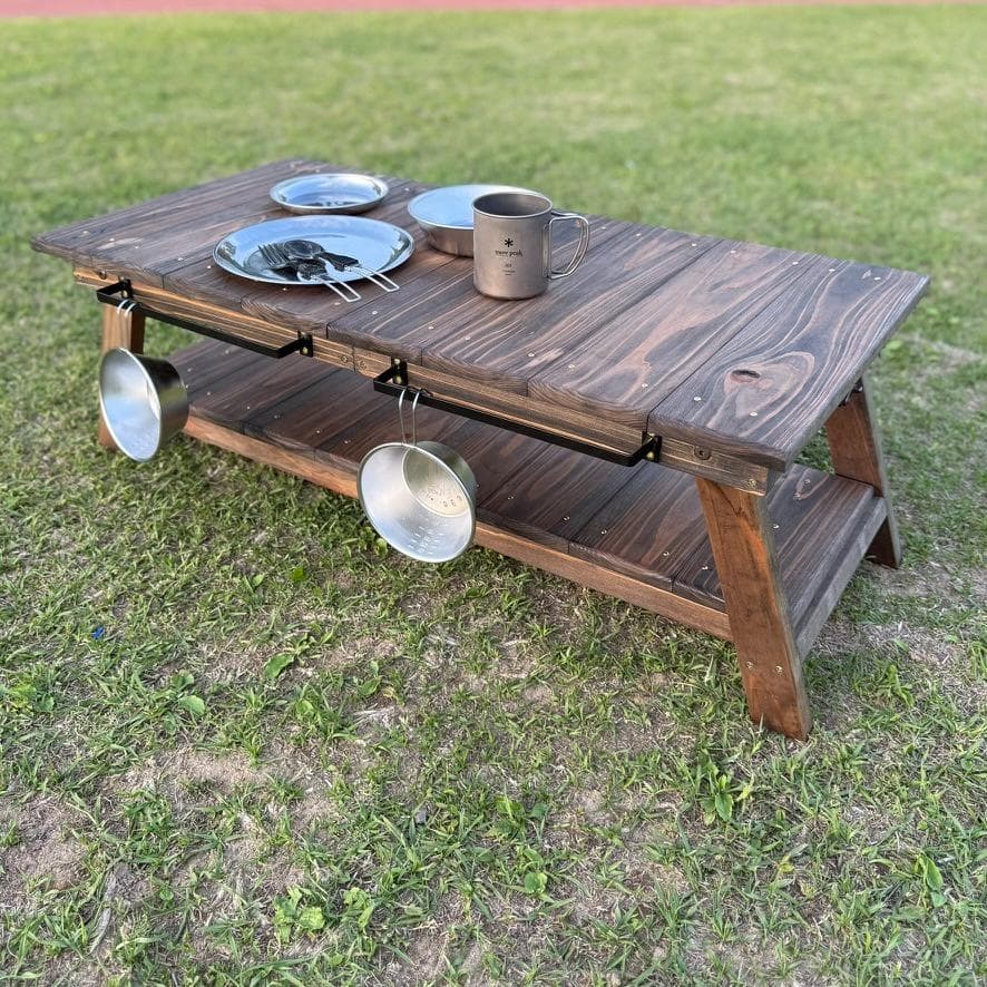 キャンプテーブル 折りたたみ 幅84cm ローテーブル室内兼用 アイアンバー付き