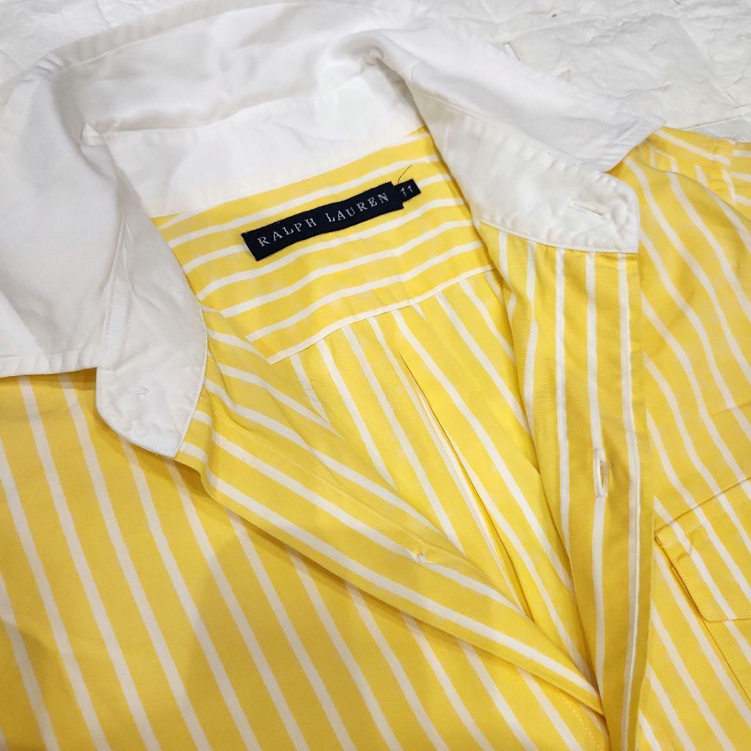 美品✨ラルフローレン　コットン100　長袖シャツ　ストライプ　ロゴ刺繍　イエロー