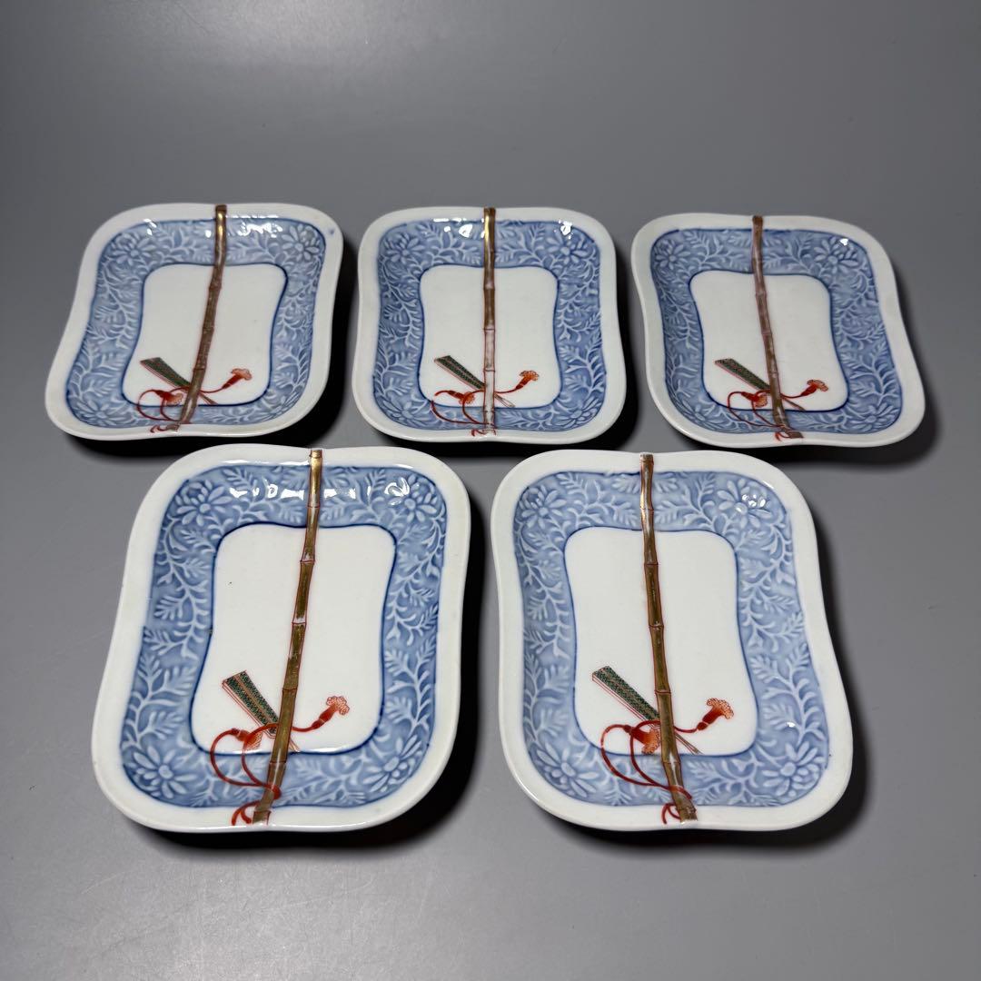 明治時代　有田焼　岩松平吾　色絵軍配形皿　五枚　角岩印　陽刻　珍品　残り僅か