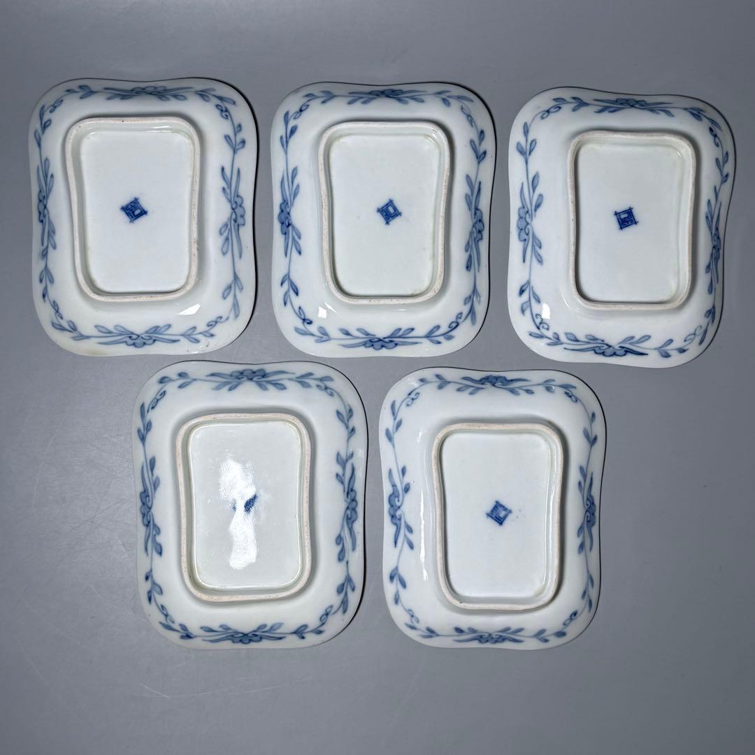 明治時代　有田焼　岩松平吾　色絵軍配形皿　五枚　角岩印　陽刻　珍品　残り僅か