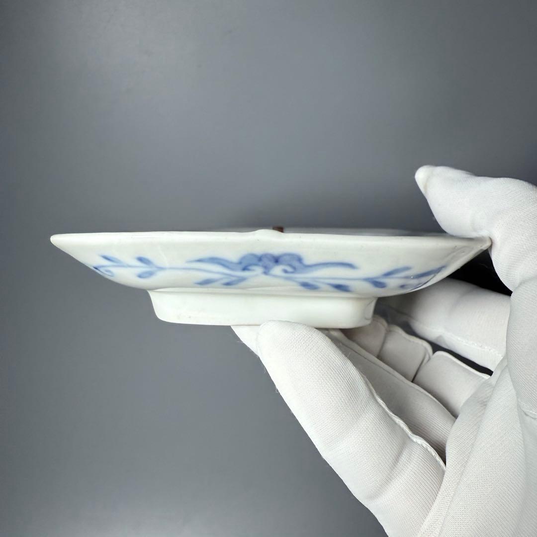 明治時代　有田焼　岩松平吾　色絵軍配形皿　五枚　角岩印　陽刻　珍品　残り僅か