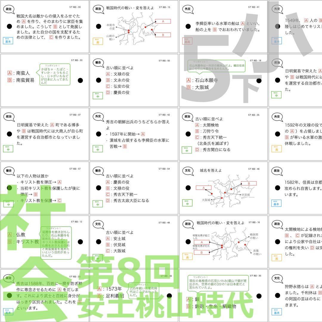 中学受験 暗記カード 【5年下 社会 歴史 1-9回 セット】予習シリーズ