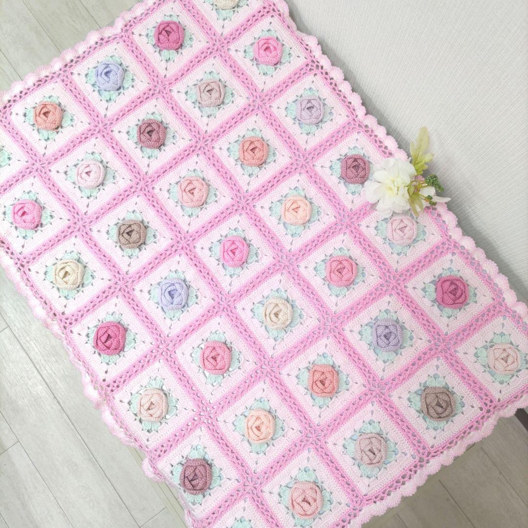 247【薔薇 マルチカバー】お花 ピンク モチーフ編み 編み物 手編み