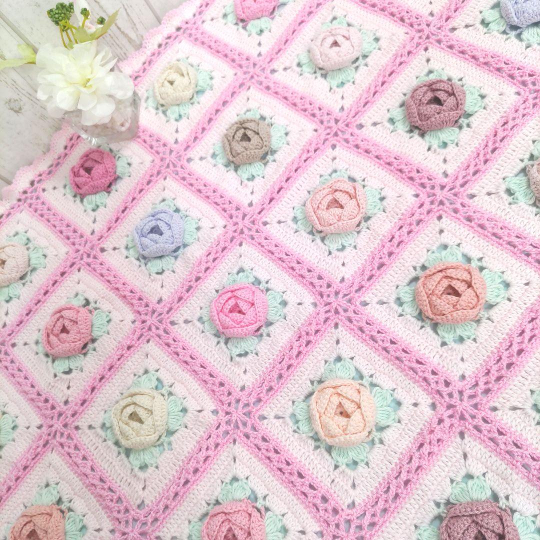 247【薔薇 マルチカバー】お花 ピンク モチーフ編み 編み物 手編み