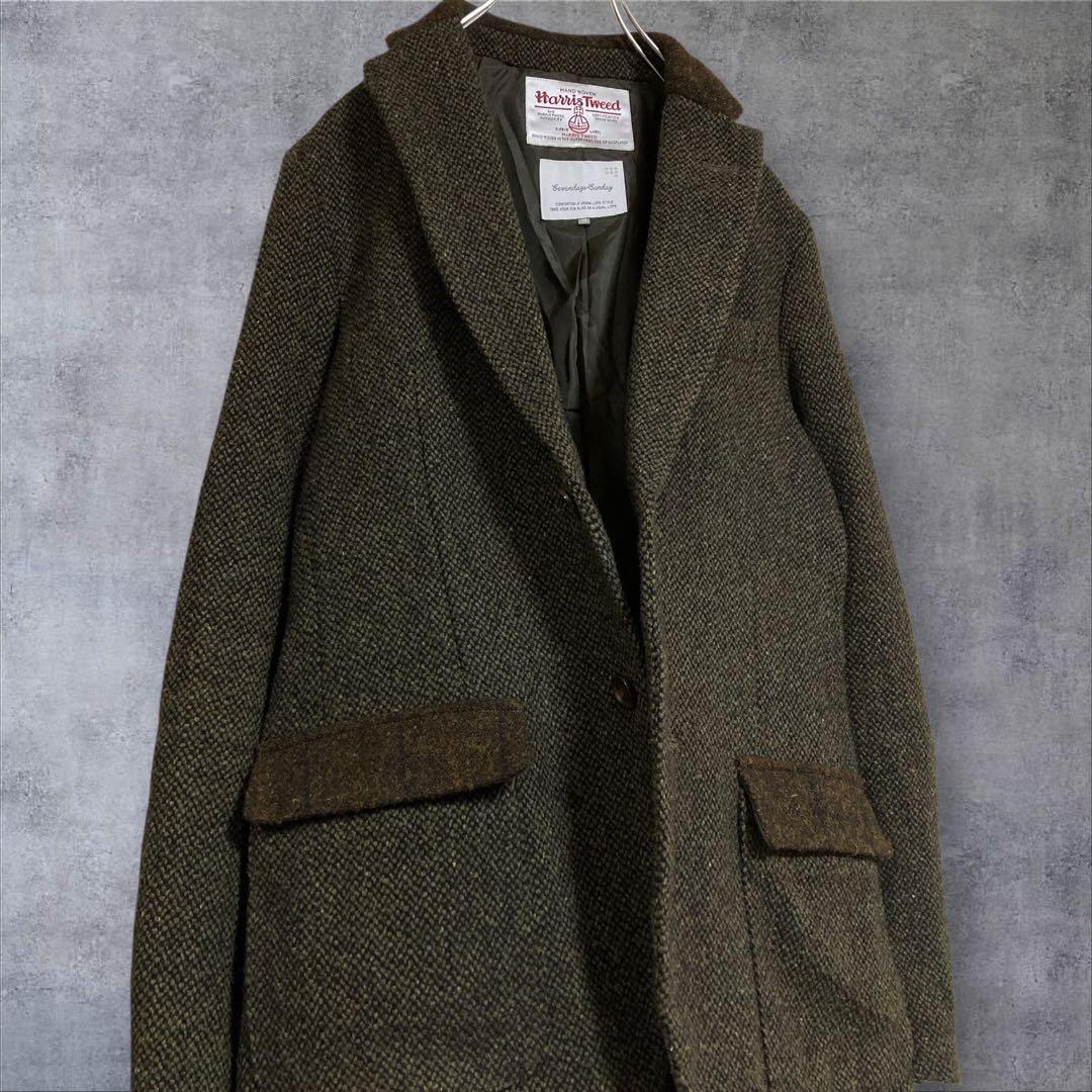 【美品】別注　ハリスツイード テーラードジャケットエルボーパッチ　カーキ M