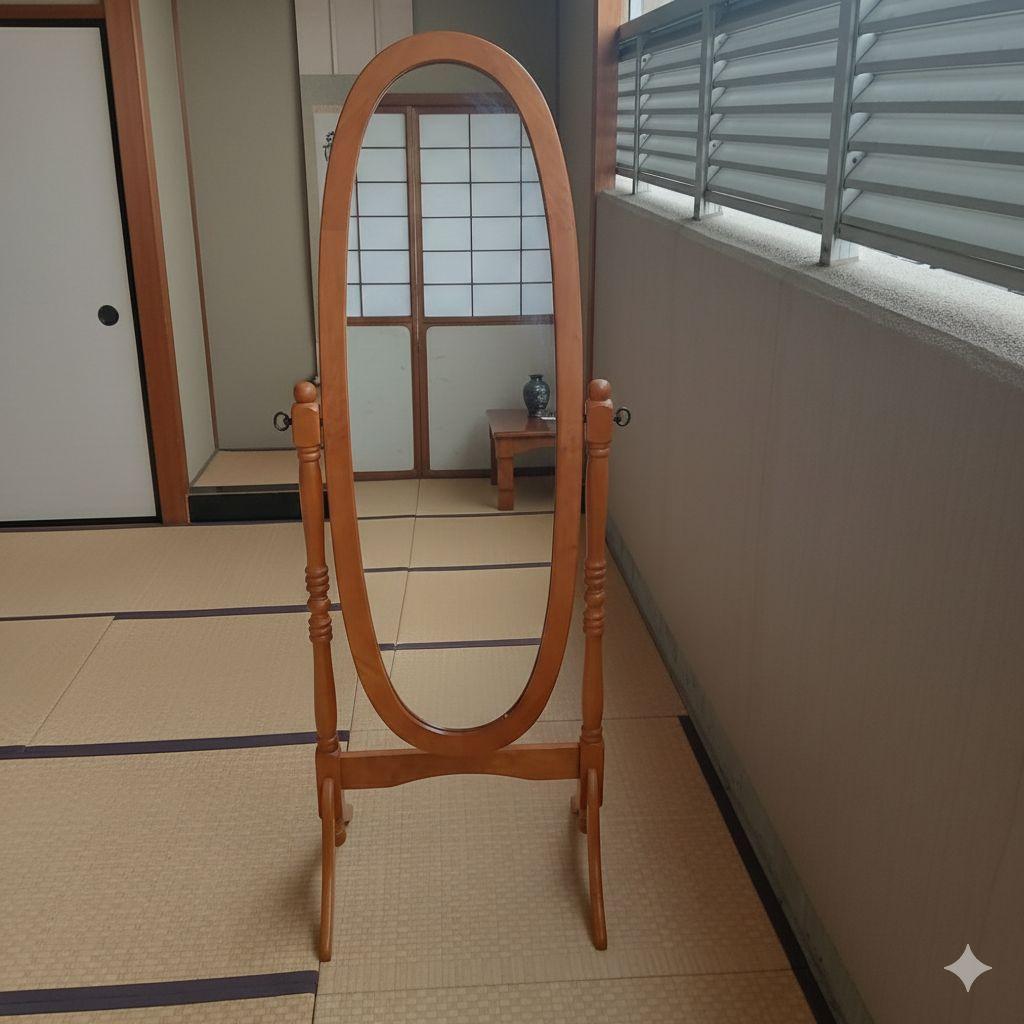 木製スタンドミラー 姿見 オーバル型 ナチュラル 全身鏡 自立式